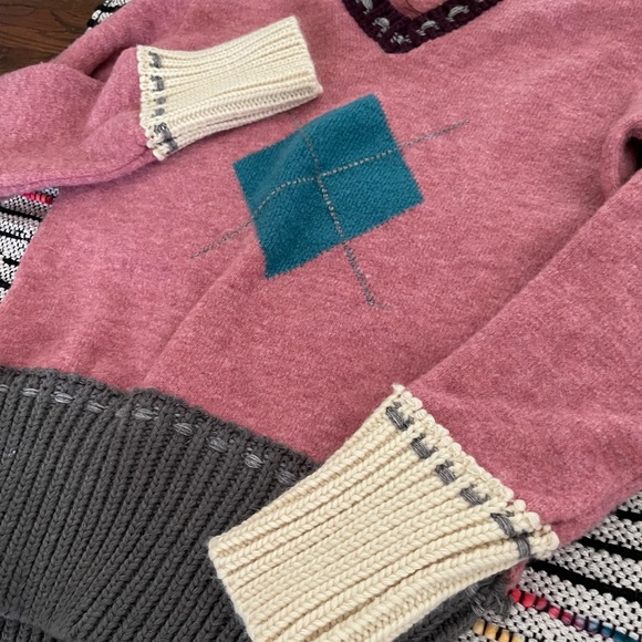 y2k Sweater M Pink Blue Argyle Pastel Preppy Quirky Academia Twee - Picture 3 of 16